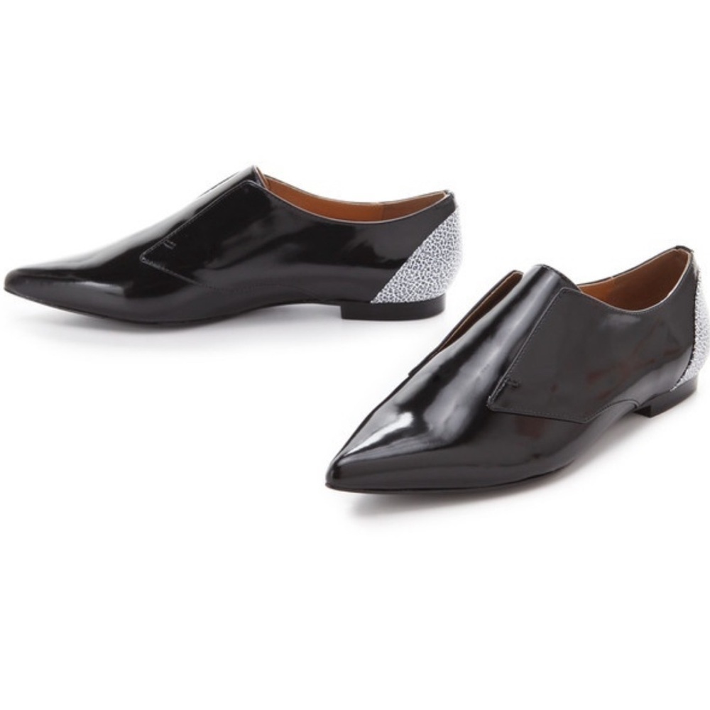 3.1 Phillip Lim Black Patent Pointed Slip-On Flats with Speckled White Heel